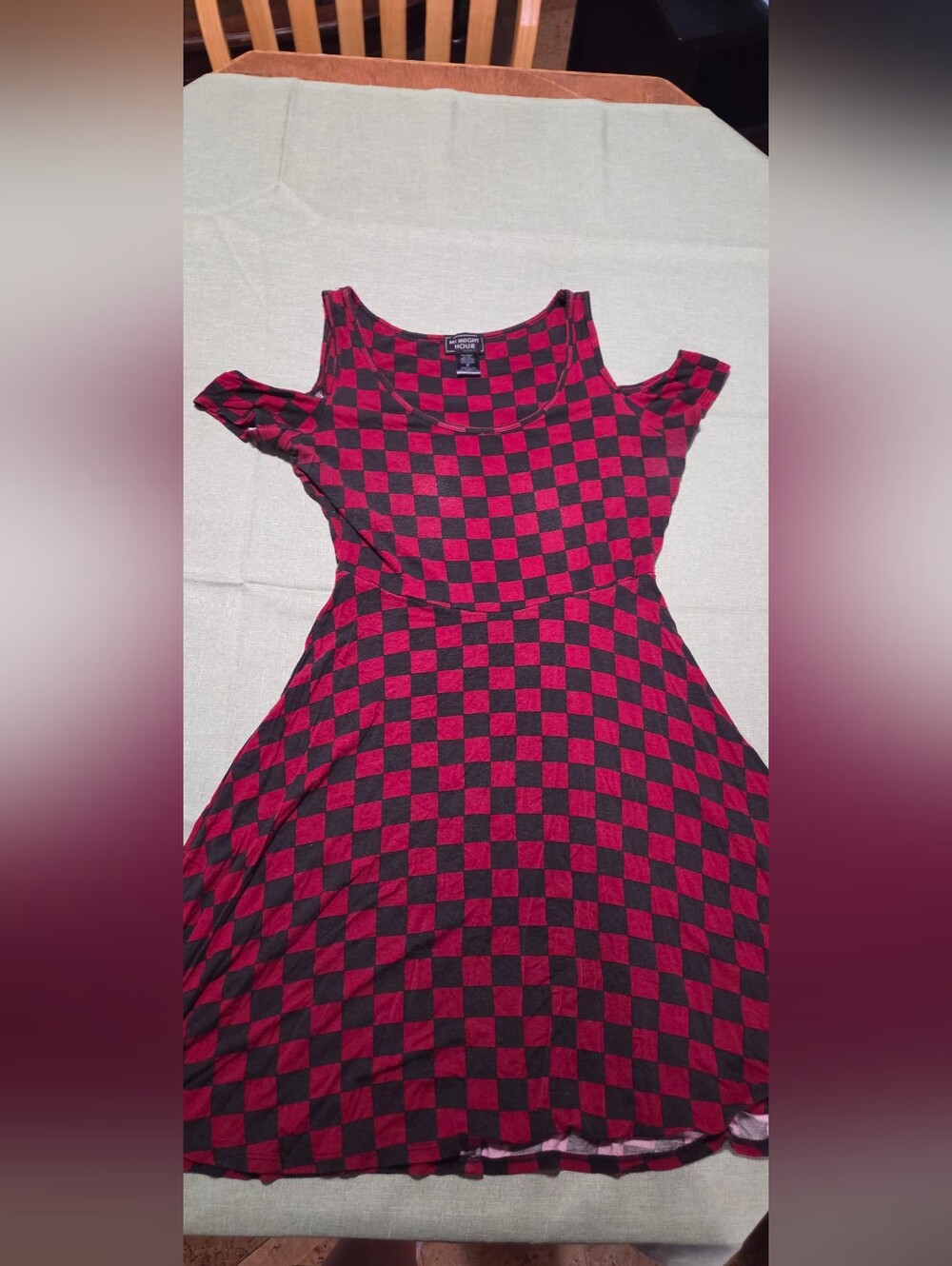 Red and Black One-Shoulder Check Fit & Flare Dress